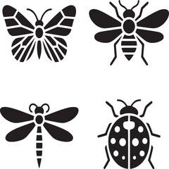 A collection of four insect icons including a butterfly, bee, dragonfly, and a ladybug in black