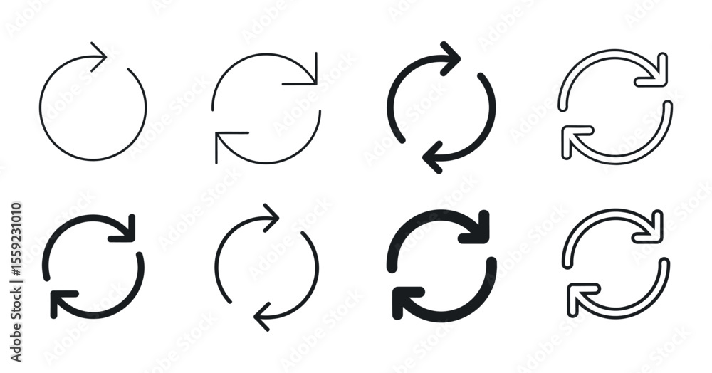 Poster set of simple refresh or reload icons in various styles