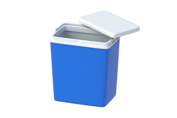 Single portable fridge with open lid isolated on white background. Ice cooler. Freezer box for beverage or food. Equipment for picnic. 3d render © OlekStock
