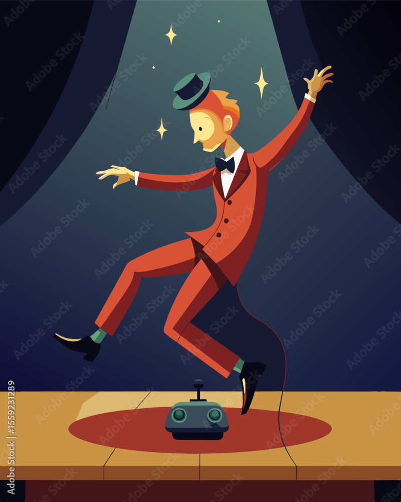 Poster on a stage a performer dances with eerie precision their head tilting and body contorting at the wil