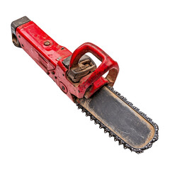 Fototapeta premium Red chainsaw cutting tool with chain blade isolated on black background