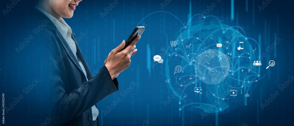 Poster visualization of global digital communication and online across multiple platforms, including global