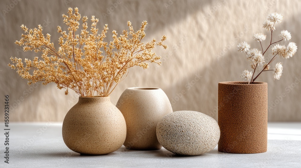 Poster minimalist display of several white vases arranged artistically on a smooth beige surface, illuminat