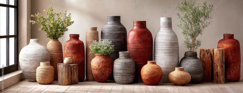 Poster minimalist display of several white vases arranged artistically on a smooth beige surface, illuminat