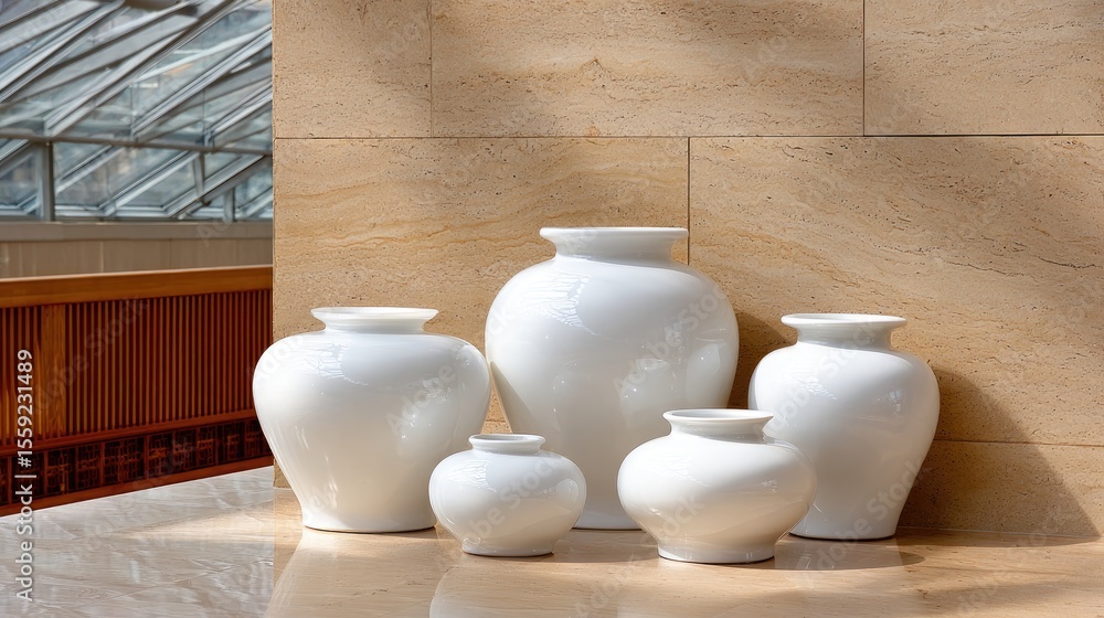 Poster minimalist display of several white vases arranged artistically on a smooth beige surface, illuminat