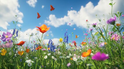 Colorful wildflowers in a field under a blue sky with butterflies