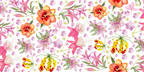 Floral Collage: A Vibrant Tapestry of Lilies, Hibiscus and Gloriosa Superba Blossoms