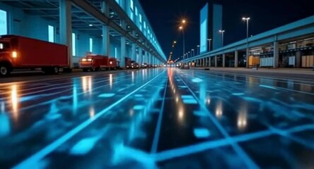 Futuristic Transportation Network with Trucks and Cars at Night with Glowing Data Overlay - Powered by Adobe