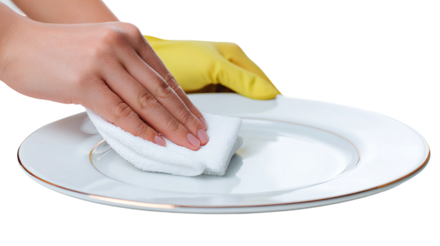 Spotless Plate: A hand wearing a yellow glove is gently wiping a pristine, gleaming white plate, emphasizing cleanliness and attention to detail. - Powered by Adobe