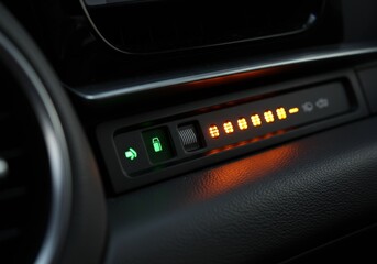 Obraz premium Close-up of a modern car's dashboard indicator displaying a green fuel pump icon and a row of orange illuminated segments representing the fuel level, alongside other vehicle status lights.