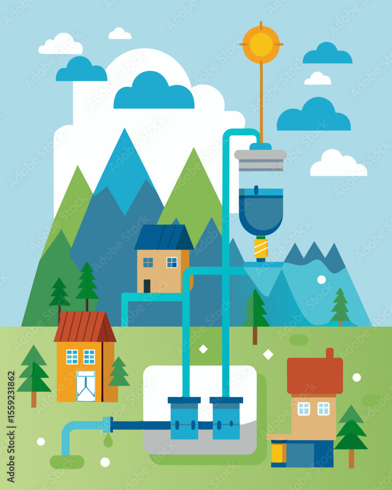 Poster a microhydro system that utilizes small rivers and streams to power homes and businesses providing a