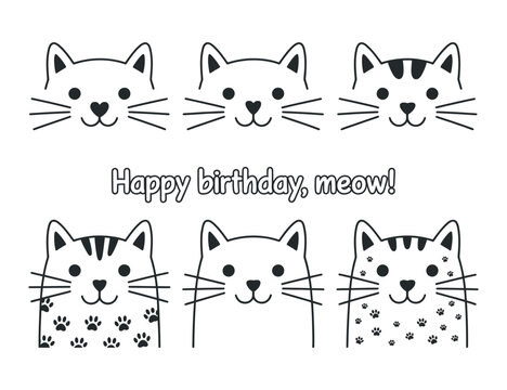 Cute cartoon cat faces for a happy birthday card or print