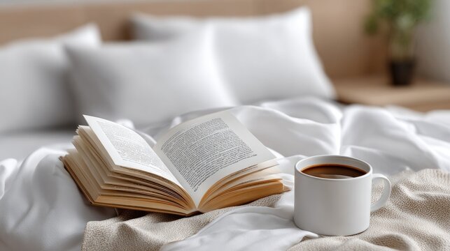 A serene morning moment features an open book resting beside a warm coffee mug, creating a peaceful and inviting atmosphere