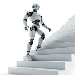 Ascending Android: An advanced android robot confidently climbs a pristine staircase, symbolizing technological progress and innovation in a visually striking and futuristic composition.