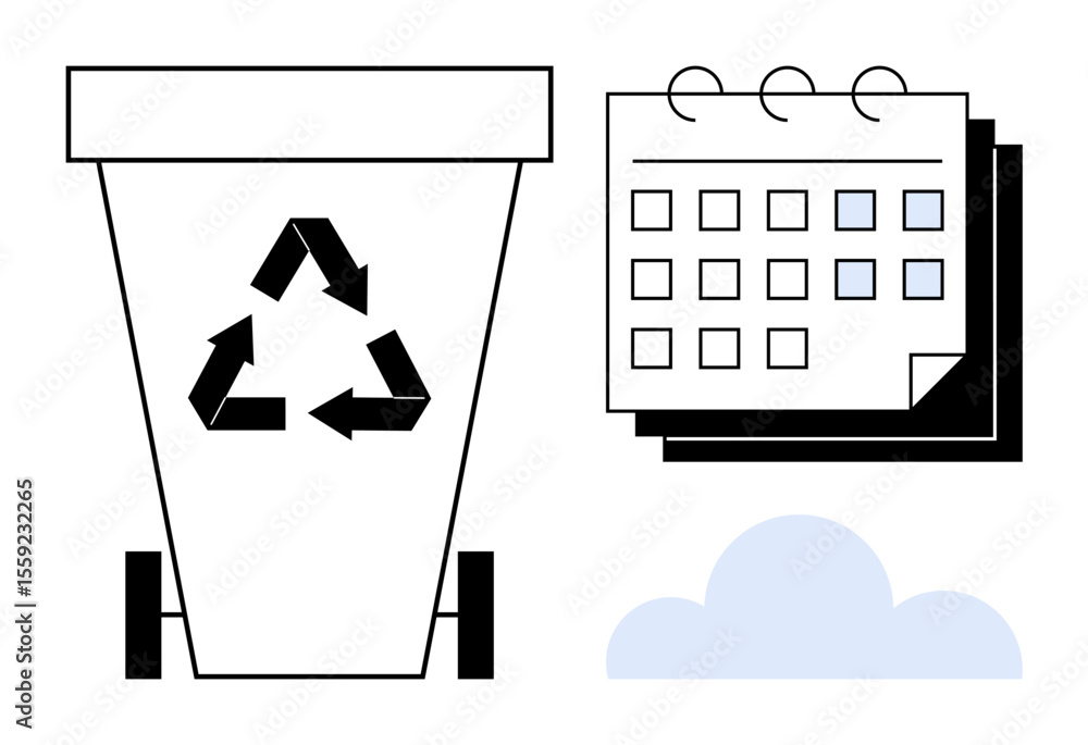 Poster recycling bin with a triangular recycling sign, a calendar emphasizing scheduling and routine, and a