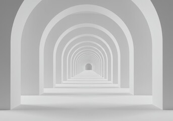 Fototapeta premium A minimalist and stark corridor composed of a repeating series of white arches, creating a long, symmetrical perspective that recedes into the distance with a subtle glow.