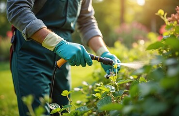 Technician sprays pest control treatment in garden. Focus on prevention, maintenance of plants. Pro lawn care, landscaping services to protect plants from insects, pests. Summer gardening.