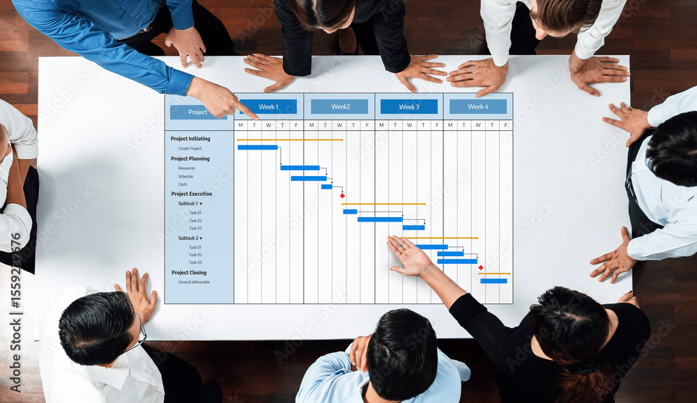 Aufkleber A diverse team gathers around a table to analyze project management strategies, utilizing a Gantt chart to enhance planning and execution in a collaborative environment. Amity