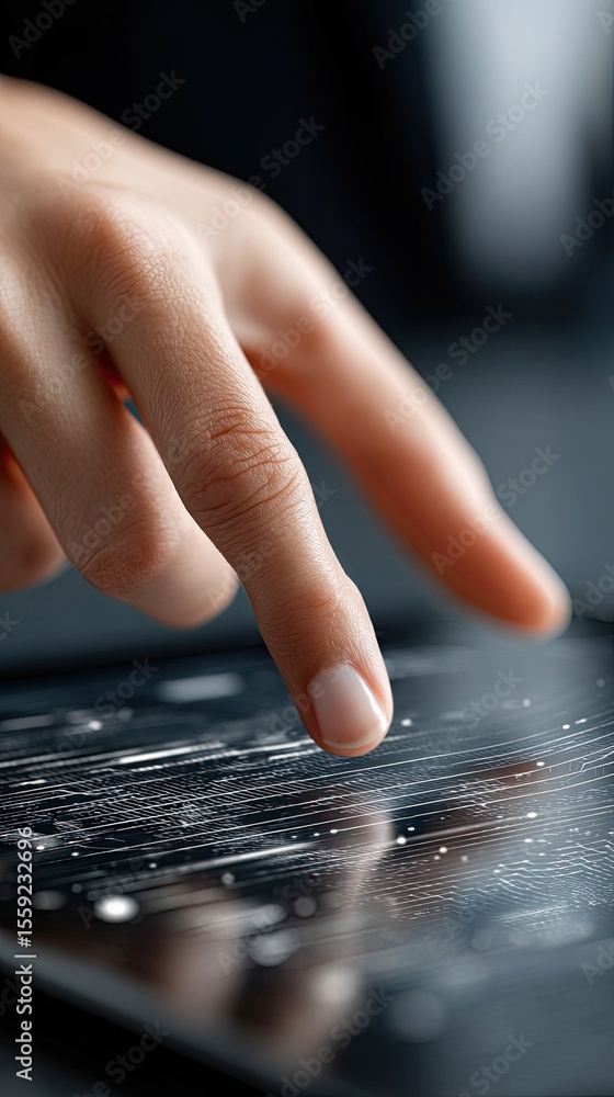 Poster a finger engages with an interactive surface, triggering dynamic light beams and data flows against 