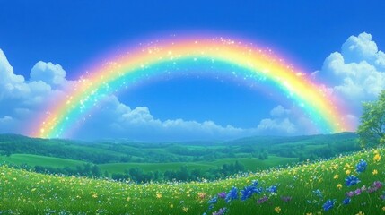 Obraz premium Bright rainbow over a lush meadow