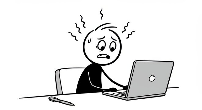 Stick figure at desk with laptop looking stressed and anxious with pen on desk in white scene