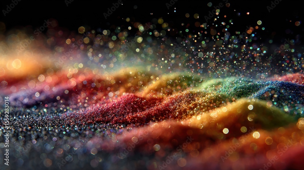 Poster vibrant sparkles and dust particles rise up and drift in a dark space with a colorful gradient