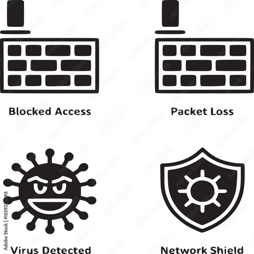 Poster depicting blocked access packet loss virus detection and network shield in black and white icons