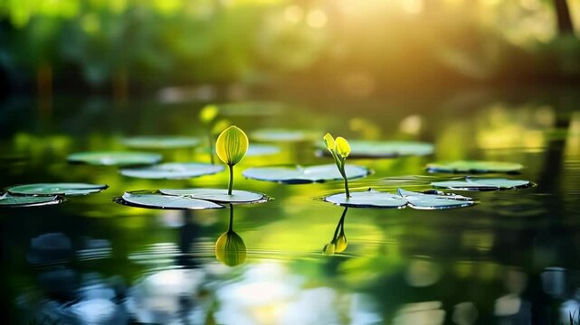 Serene pond scene with lily pads and sunlight filtering through.