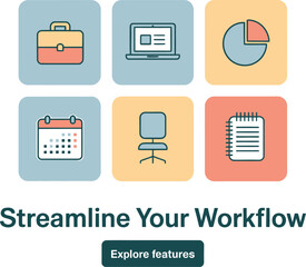 Illustration of workflow icons including briefcase laptop and calendar chart