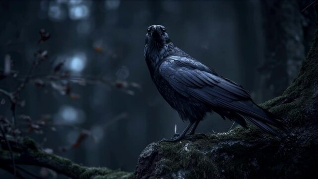 A black raven perched on a mossy branch in a dark and moody forest