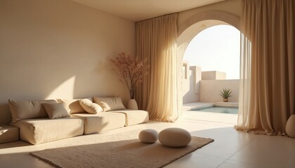 Minimalist interior design with beige stone furniture, curtains. Sunlit room opens tranquil outdoor space. Modern architecture, calm relaxing atmosphere, natural light, simple home decor, soft