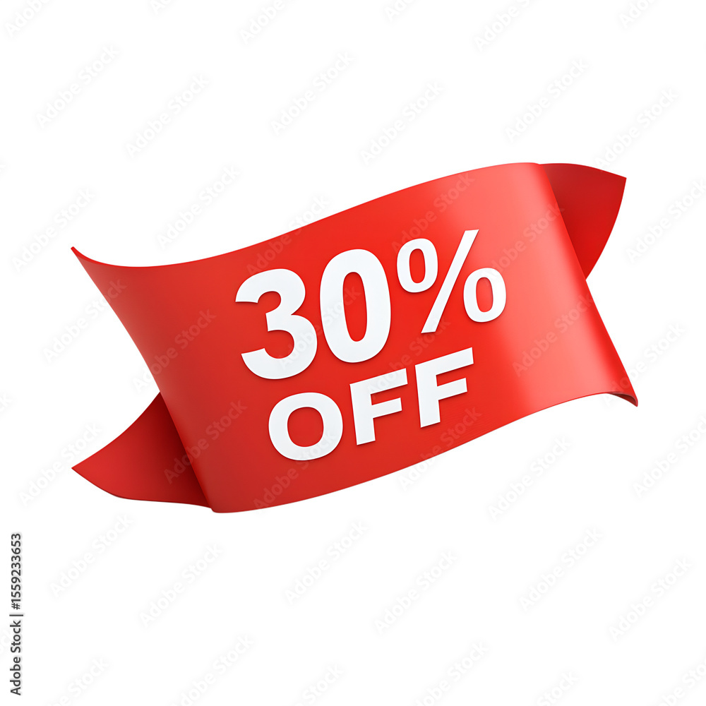 Fototapete red ribbon with 30 percent off text and white border isolated on transparent background