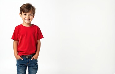 Cute brunette boy in red t-shirt smiles on white background. Happy kid with hands in pockets. Child portrait with cheerful expression. Joyful youth in studio shot.