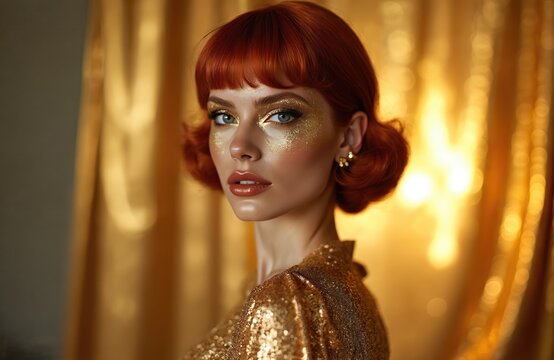 Portrait beautiful red-haired model with gold makeup on gold background. Woman wears avant-garde sequin dress. Vintage style, close-up studio shot. Fashion beauty concept.