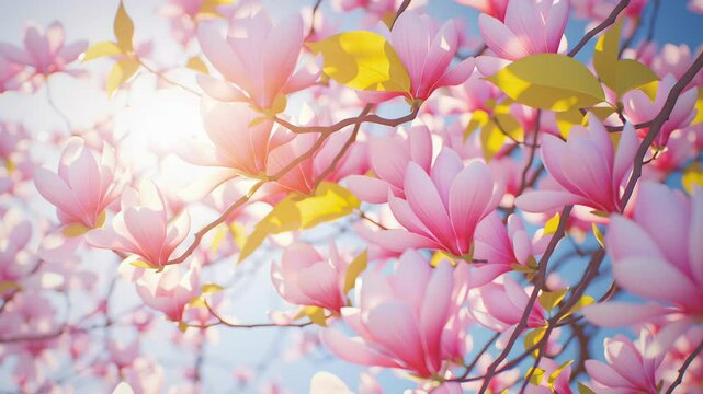 Pink magnolia flowers blooming on a tree branch in a sunny spring garden. Nature and floral background concept. Footage for a wedding video, seasonal promotion or a wellness themed presentation
