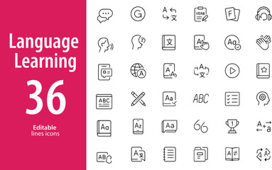 Language Learning Line Icons, Translation, Dictionary, Speech Bubble, Globe, Alphabet, Audio Lesson, and More , Editable Formats: AI, EPS, JPG, PNG , Ideal for Both Digital and Print Use

