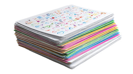 Stacked Papers: A vibrant and neat stack of papers, featuring an assortment of colorful text. Illustrating ideas, creativity, and communication.