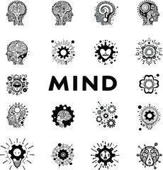 Mind Icon Grid Showcasing Intelligence, Emotion, and Cognitive Symbolism in Minimal Silhouette Design