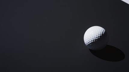 A white golf ball is sitting on a black surface. The ball is in shadow and he is the only object in the image