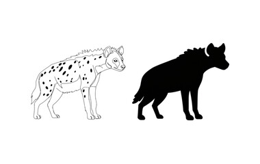 Fototapeta premium Hyena Silhouette and Line Art Vector Set - Black and White African Predator Animal Illustrations