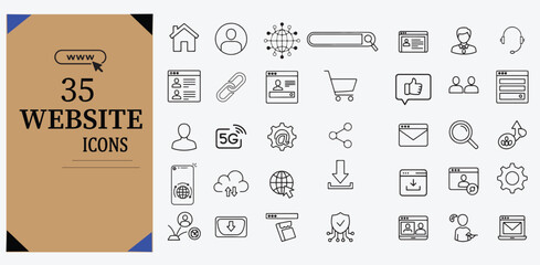 Website icon set. Includes internet, domain, web page, browser, link, SEO, server, and more. Editable stroke line icons. Vector illustration.