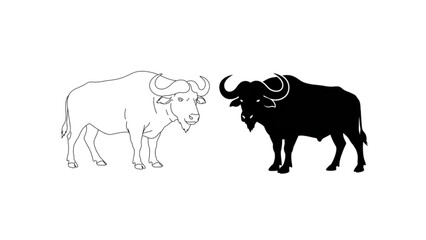 Buffalo Bull Horns Black Silhouette and Line Art Vector Graphics