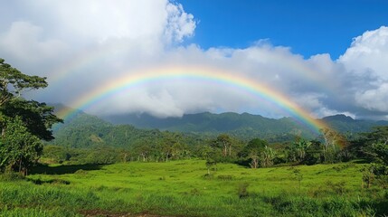 Fototapeta premium A vibrant rainbow arches over a lush valley