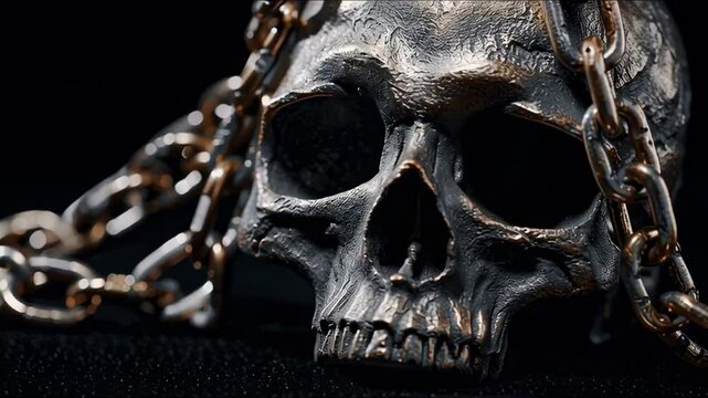Close up of a metal skull with a chain draped over it on dark background