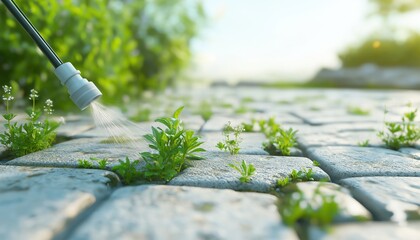 Pesticide Spraying For Weed Removal On Concrete Cobblestone: Effective Weed Control And Eradication Service For Paving Stones.