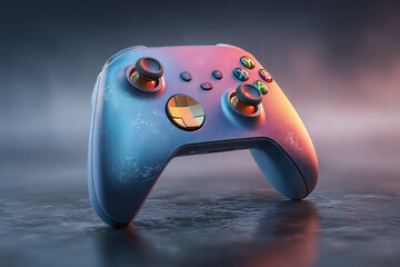 A close up of a blue and pink video game controller on floor