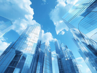 Obraz na płótnie Canvas Modern Glass Skyscrapers Reaching for a Bright Blue Sky: Upward View
