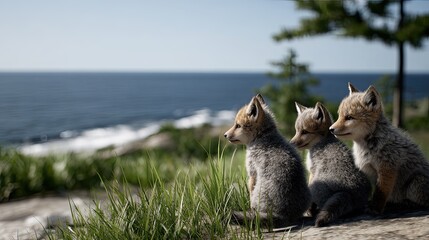 Three realistic gray wolf cubs sit on a grassy hillside, intently watching for prey while bathed in soft sunlight and vibrant colors