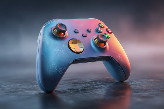 A close up of a blue and pink video game controller on floor