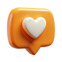 3d orange speech bubble with white heart icon isolated on transparent background